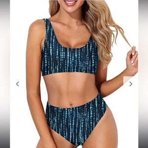 High Cut Sporty Bikini Crop Top High Waisted Bottoms-Blue Tie Dye